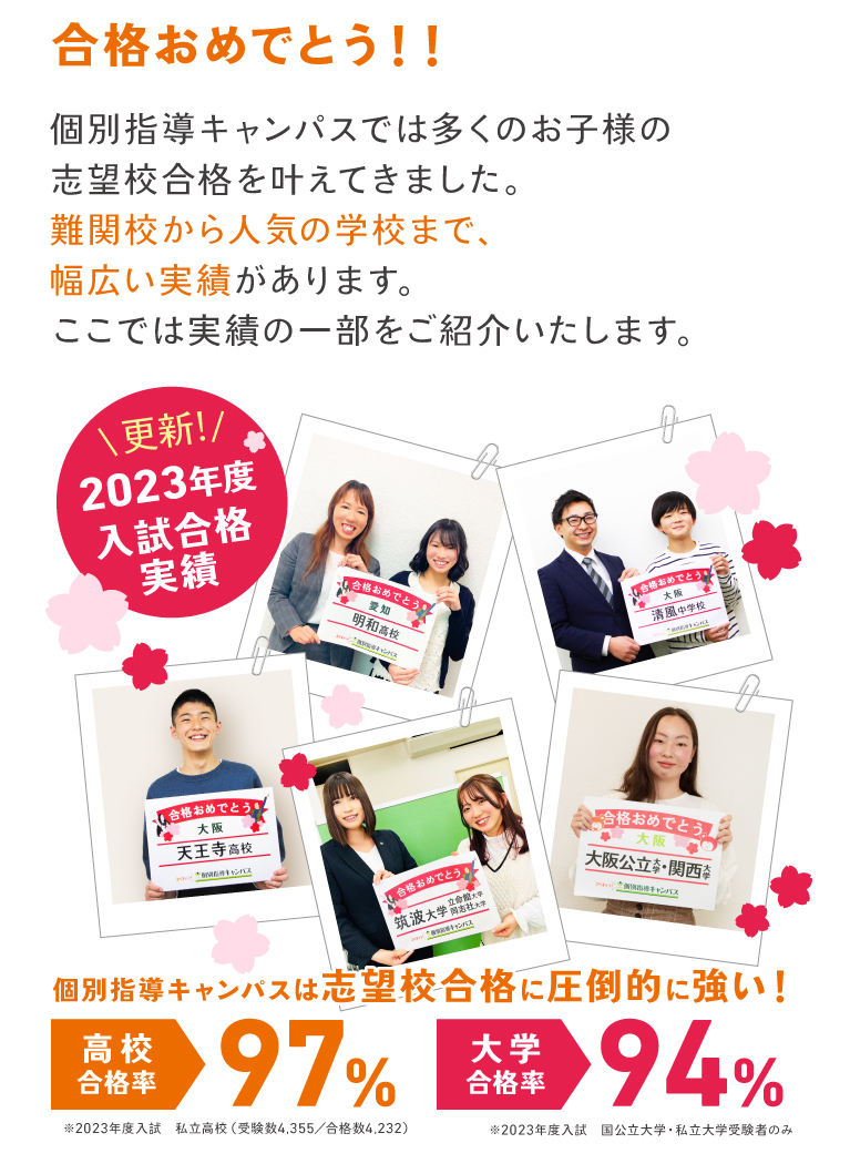 合格実績・体験記 | 個別指導キャンパス | 成績保証制度もあり、志望校