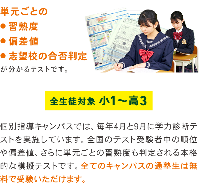 単元ごとの熟成度、偏差値、志望校の合否判定が分かるテストです